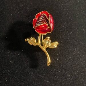 Joan Rivers Red Rose Enamel Gold-tone Brooch